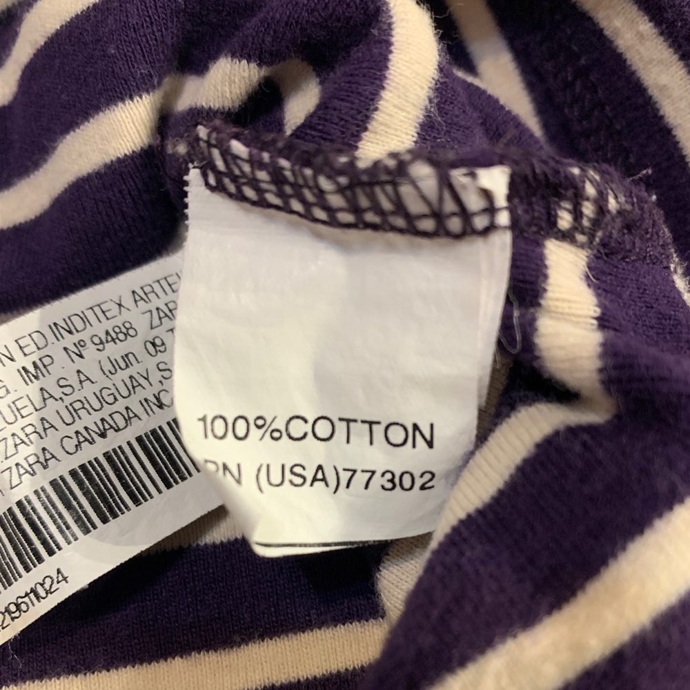Zara Organic Cotton size small purple and white stripe 3/4 length sleeve - Picture 3 of 6